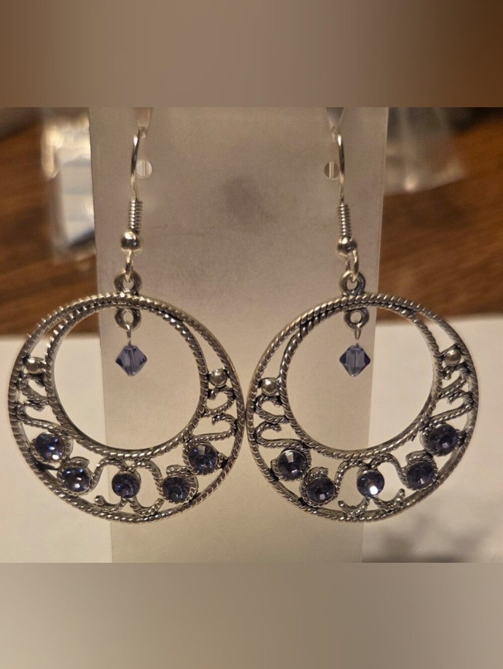 Handcrafted Silver-Tone Hoop Earrings with Purple Crystals